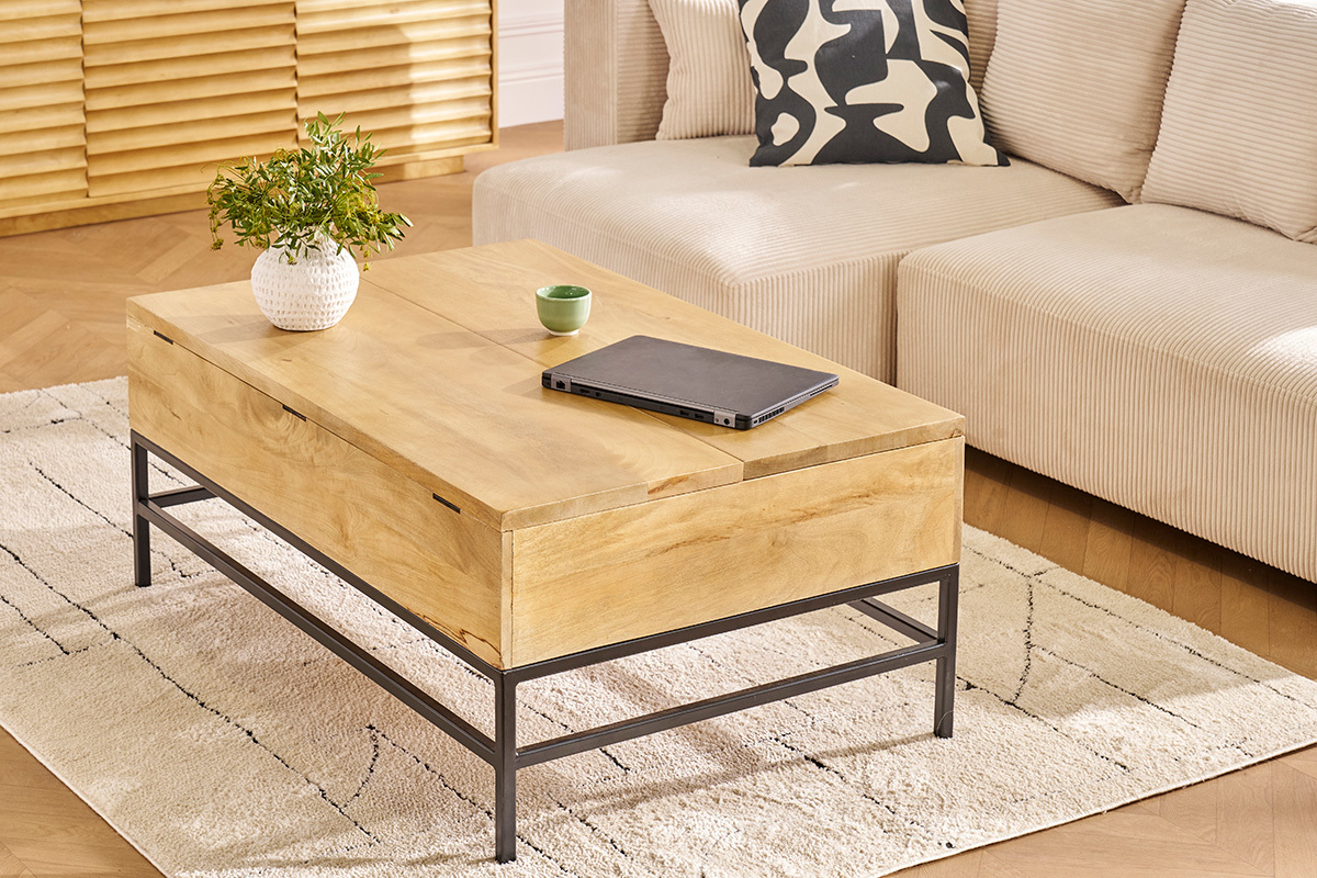 Table basse relevable industrielle bois manguier massif et m�tal noir L110 cm YPSTER