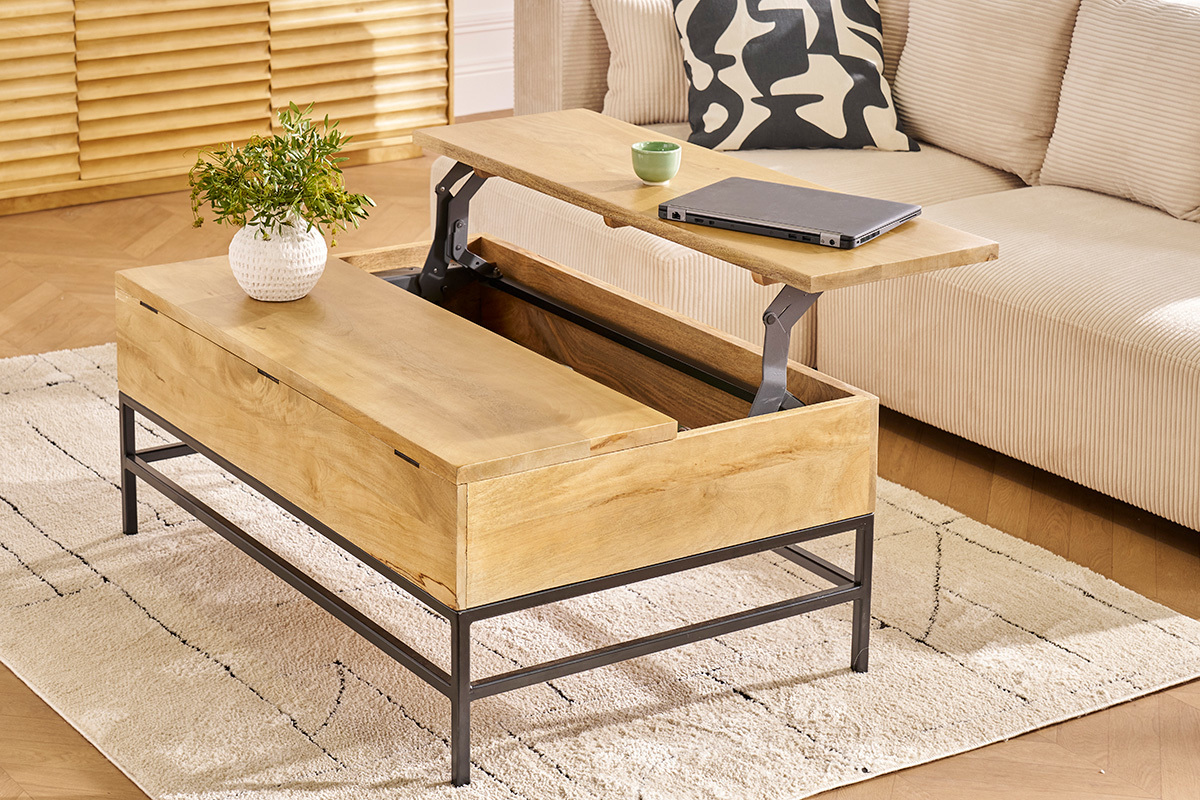 Table basse relevable industrielle bois manguier massif et m�tal noir L110 cm YPSTER
