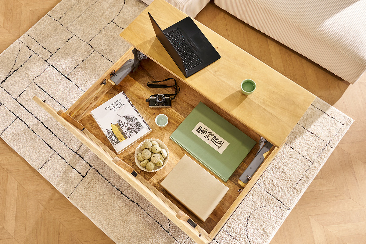 Table basse relevable industrielle bois manguier massif et m�tal noir L110 cm YPSTER
