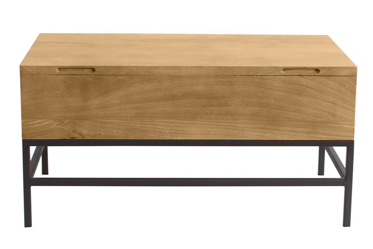 Table basse industrielle bois manguier massif et m�tal noir, plateau relevable, L90 cm YPSTER.