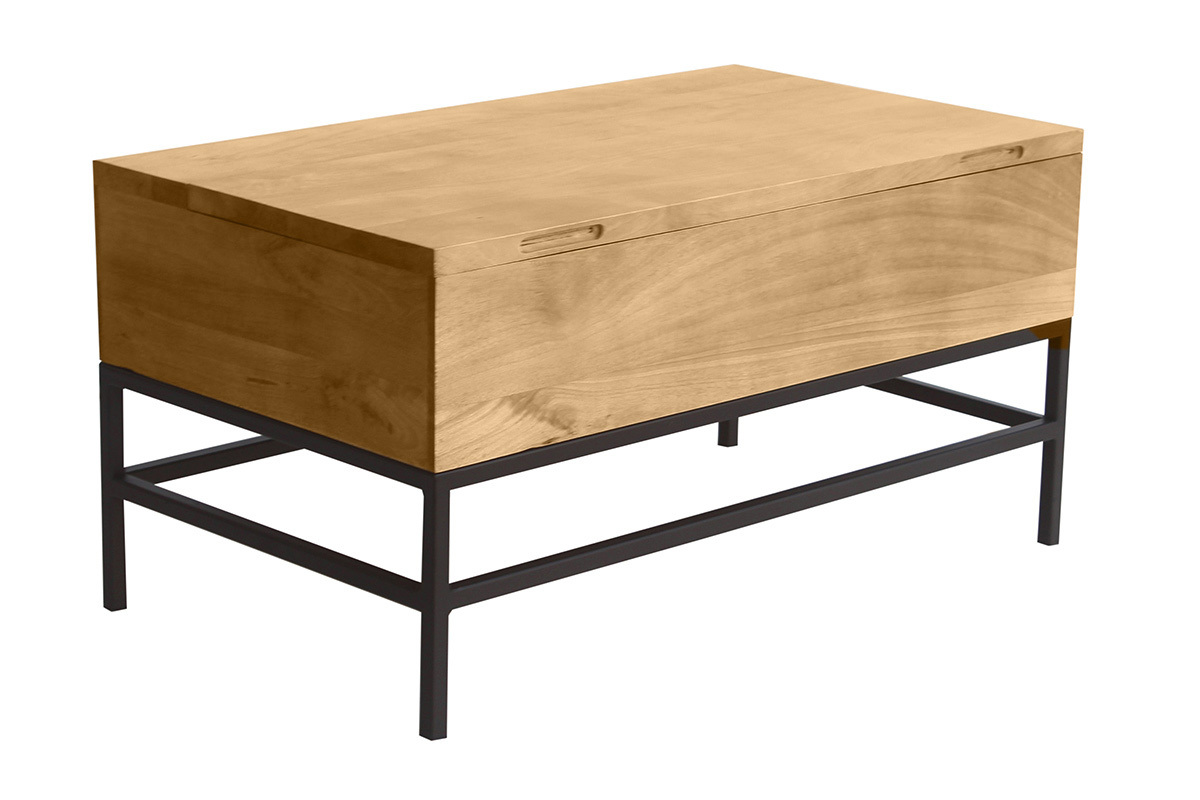 Table basse industrielle en bois de manguier massif et m�tal noir avec plateau relevable, dimensions 90 cm.