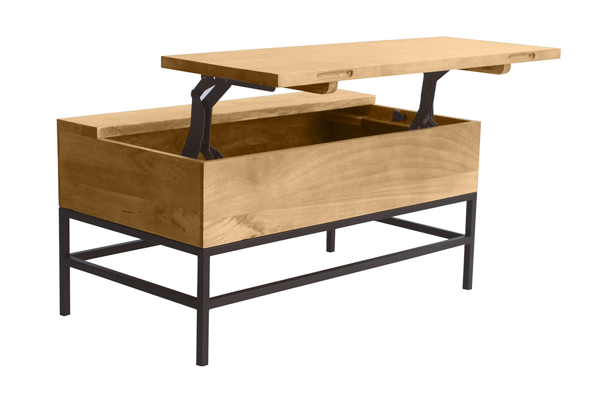 Table basse relevable industrielle en bois de manguier et m�tal noir.