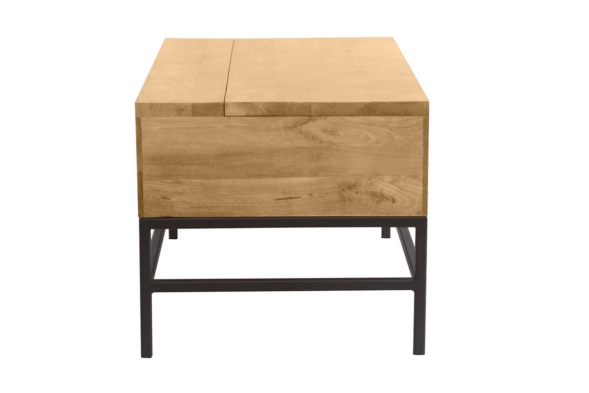 Table basse industrielle bois manguier et m�tal noir avec plateau relevable, dimensions 90x50x45 cm YPSTER