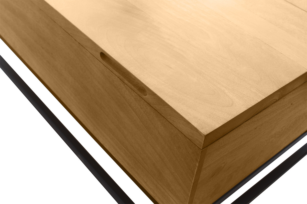 Table basse industrielle bois manguier et m�tal noir avec plateau relevable, L90 cm