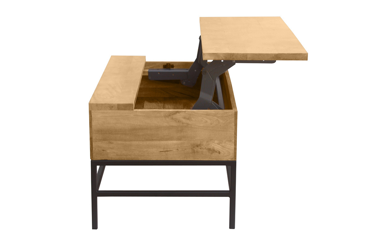 Table basse industrielle bois manguier massif et m�tal noir 90 cm avec plateau relevable et rangement
