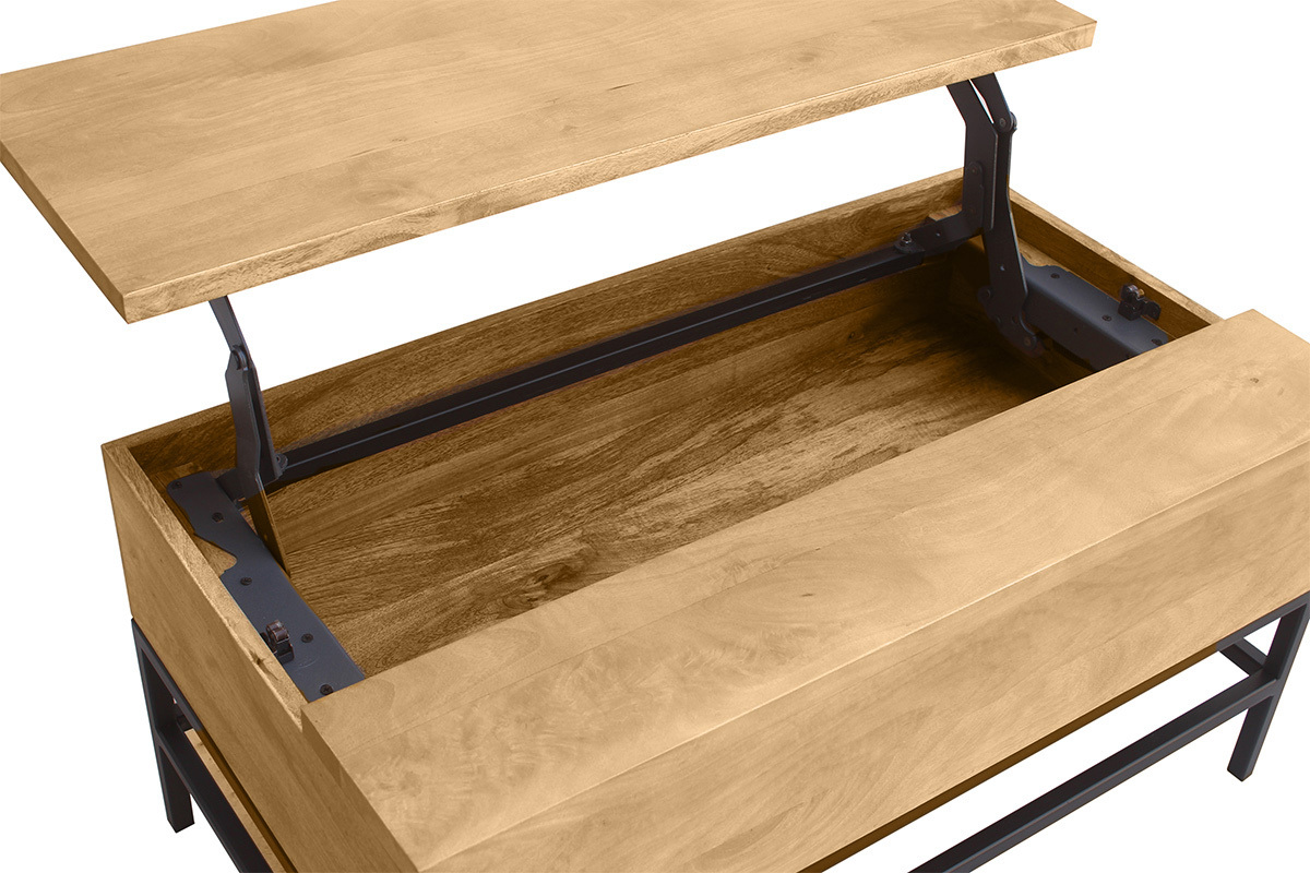 Table basse relevable en bois de manguier massif avec m�tal noir, mod�le industriel YPSTER, L90 cm