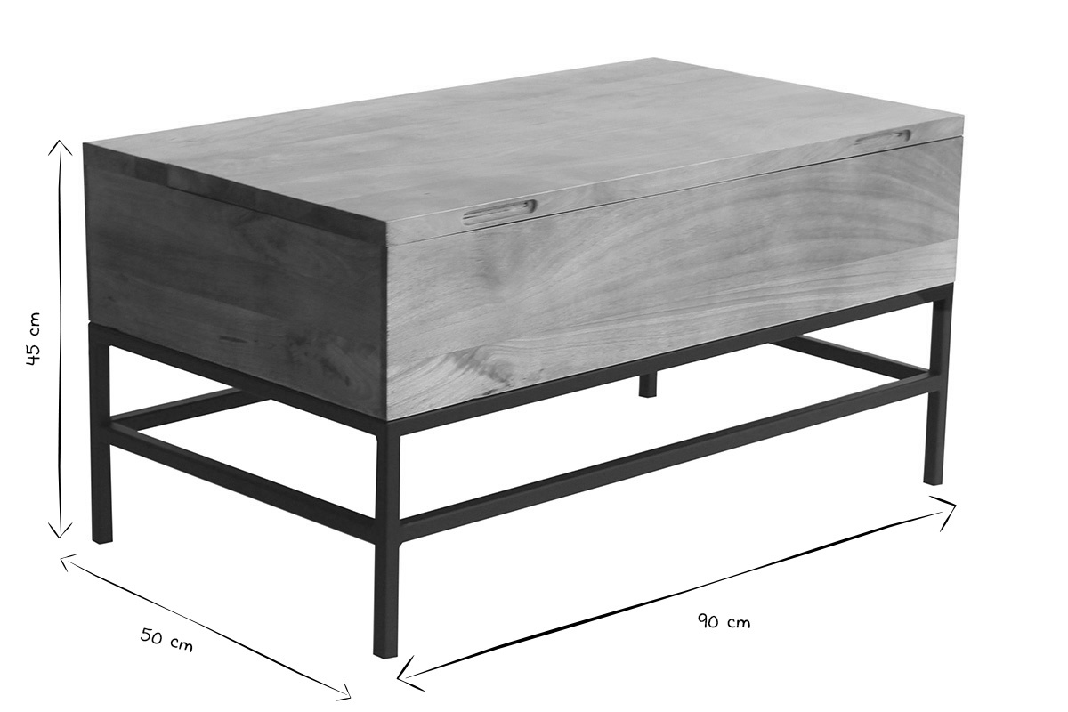 Table basse relevable en bois de manguier massif et m�tal noir, dimensions L90 x P50 x H45 cm.