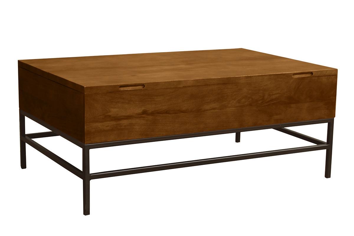 Table basse industrielle en manguier teint� et m�tal noir, vue 3/4.