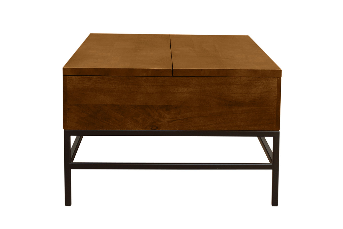 Table basse en bois manguier avec structure m�tal noir, vue de profil.