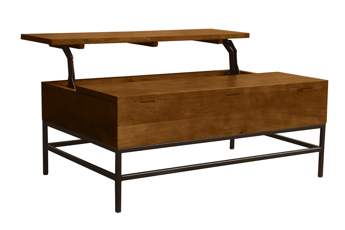 Table basse en manguier et m�tal avec plateau relevable, vue de 3/4.