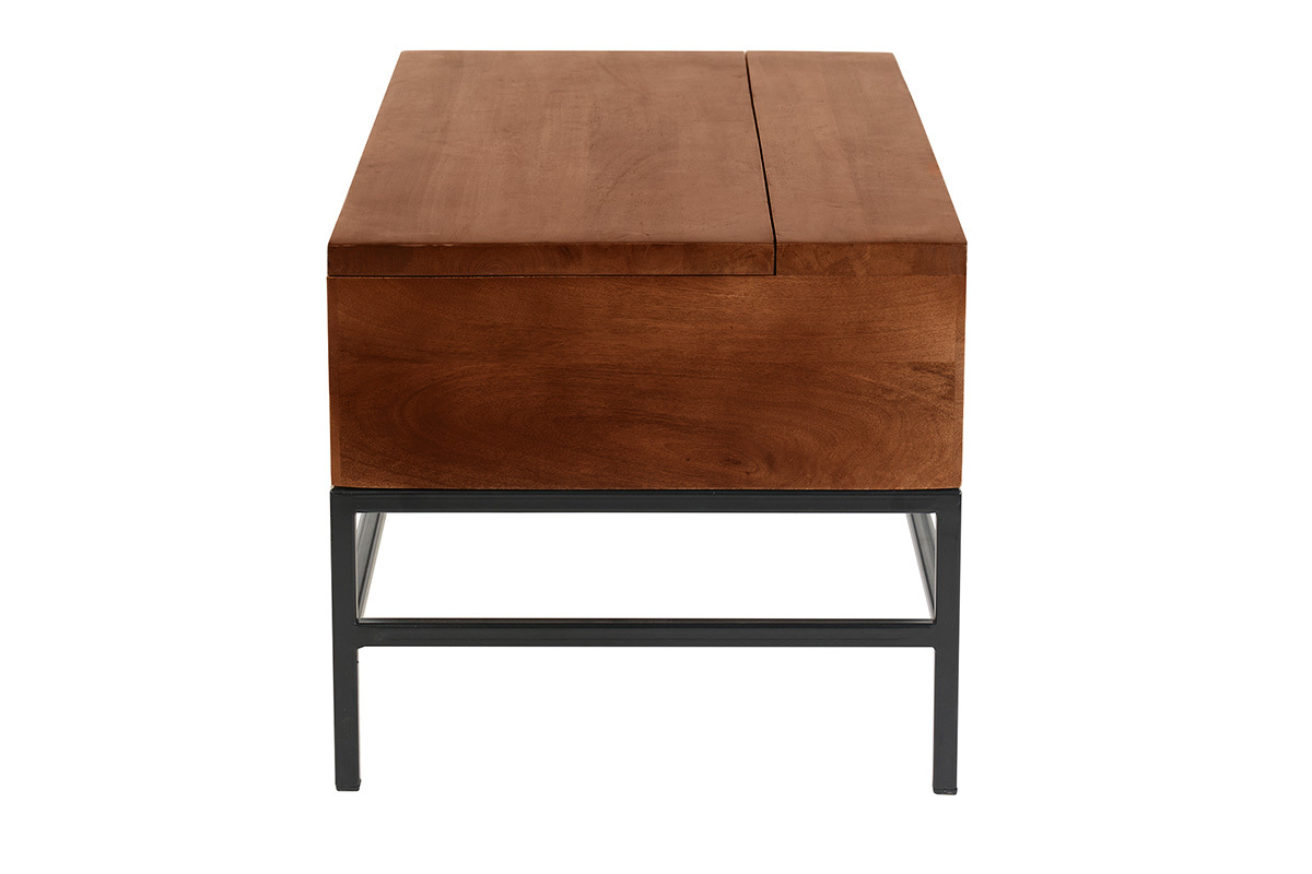 Table basse relevable industrielle bois manguier massif teint� et m�tal noir L90 cm YPSTER