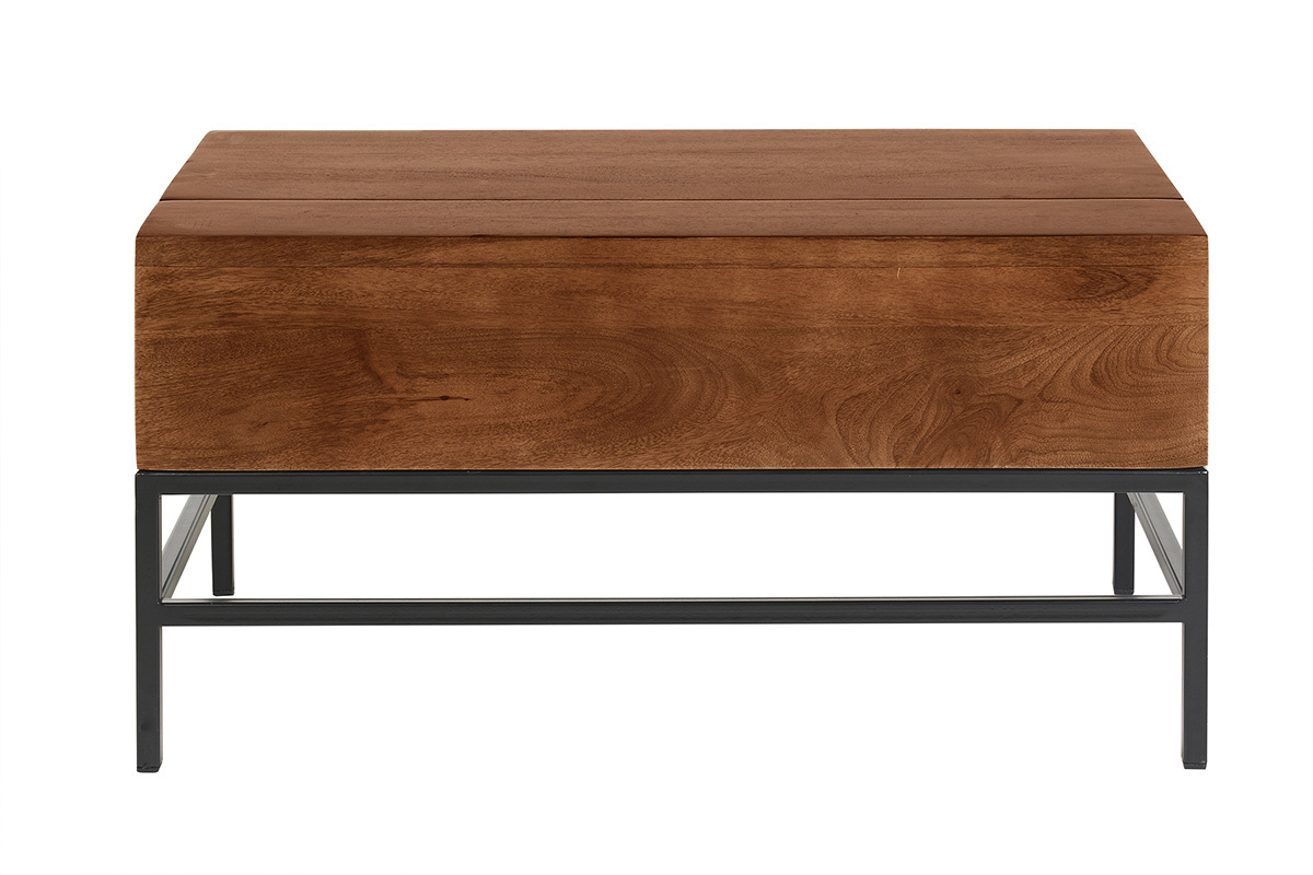 Table basse relevable industrielle bois manguier massif teint� et m�tal noir L90 cm YPSTER