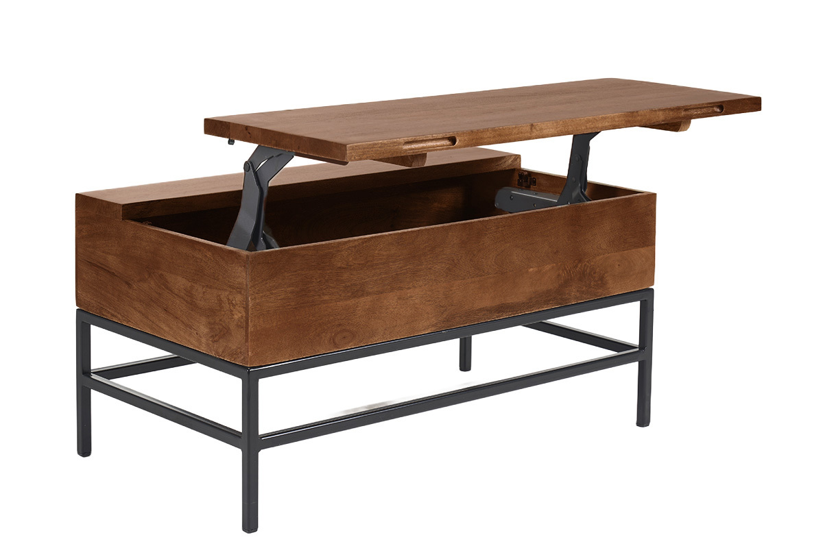 Table basse relevable industrielle bois manguier massif teint� et m�tal noir L90 cm YPSTER