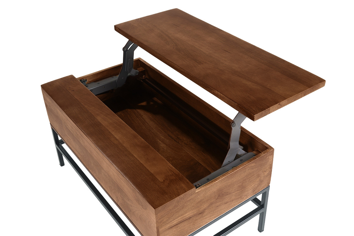 Table basse relevable industrielle bois manguier massif teint� et m�tal noir L90 cm YPSTER