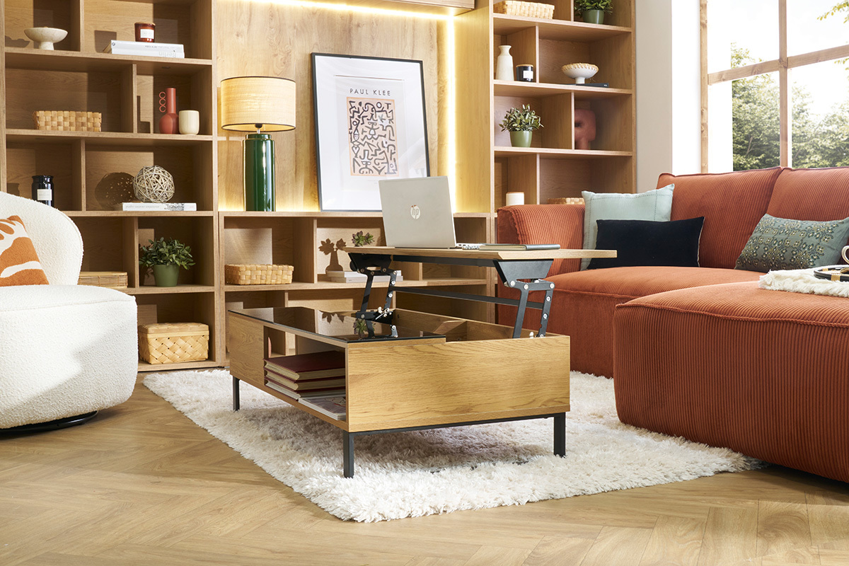 Table basse relevable rectangulaire bois clair et m�tal noir L110 cm WYNN