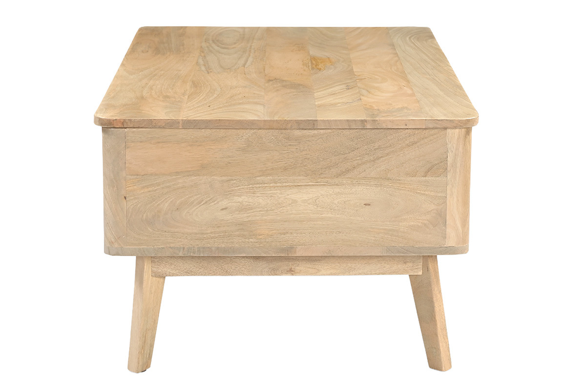 Table basse relevable rectangulaire en bois manguier massif, vue de profil.