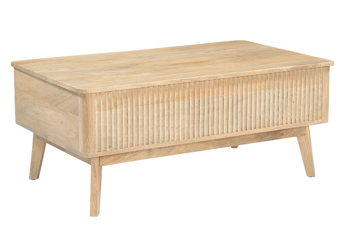 Table basse relevable rectangulaire en bois manguier massif, vue de trois quarts