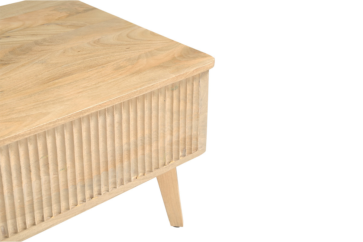 Table basse relevable rectangulaire en manguier massif vue de dessus, structure � rainures.