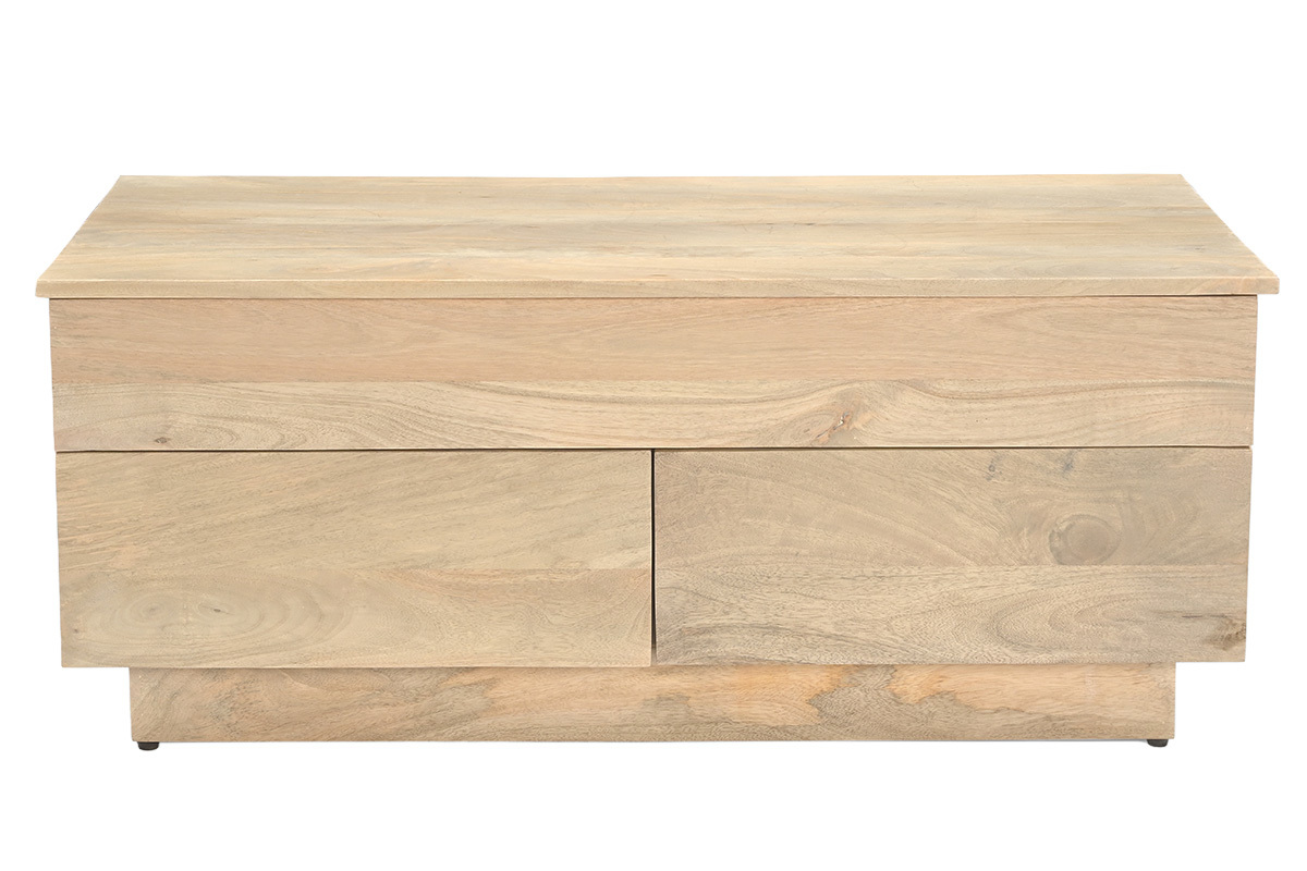 Table basse relevable rectangulaire en bois clair de mangue avec tiroirs, vue de face.