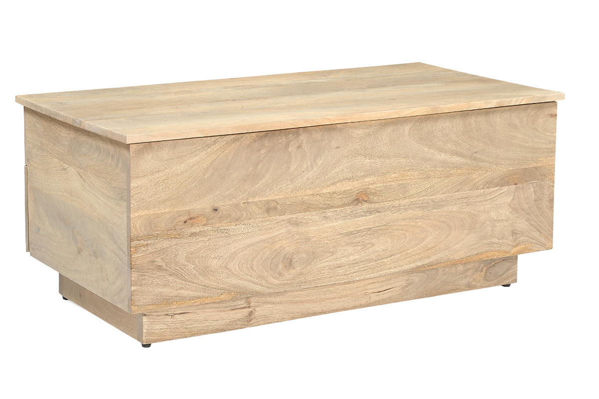 Table basse relevable rectangulaire en bois clair de manguier massif, vue de 3/4
