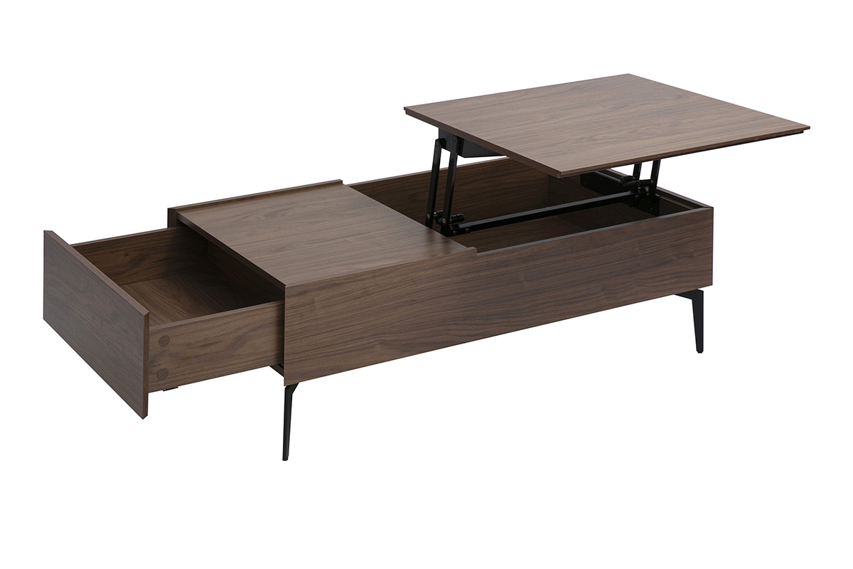 Table basse relevable en bois fonc� avec tiroir et plateau amovible ouvert, pieds en m�tal noir, vue de c�t�.