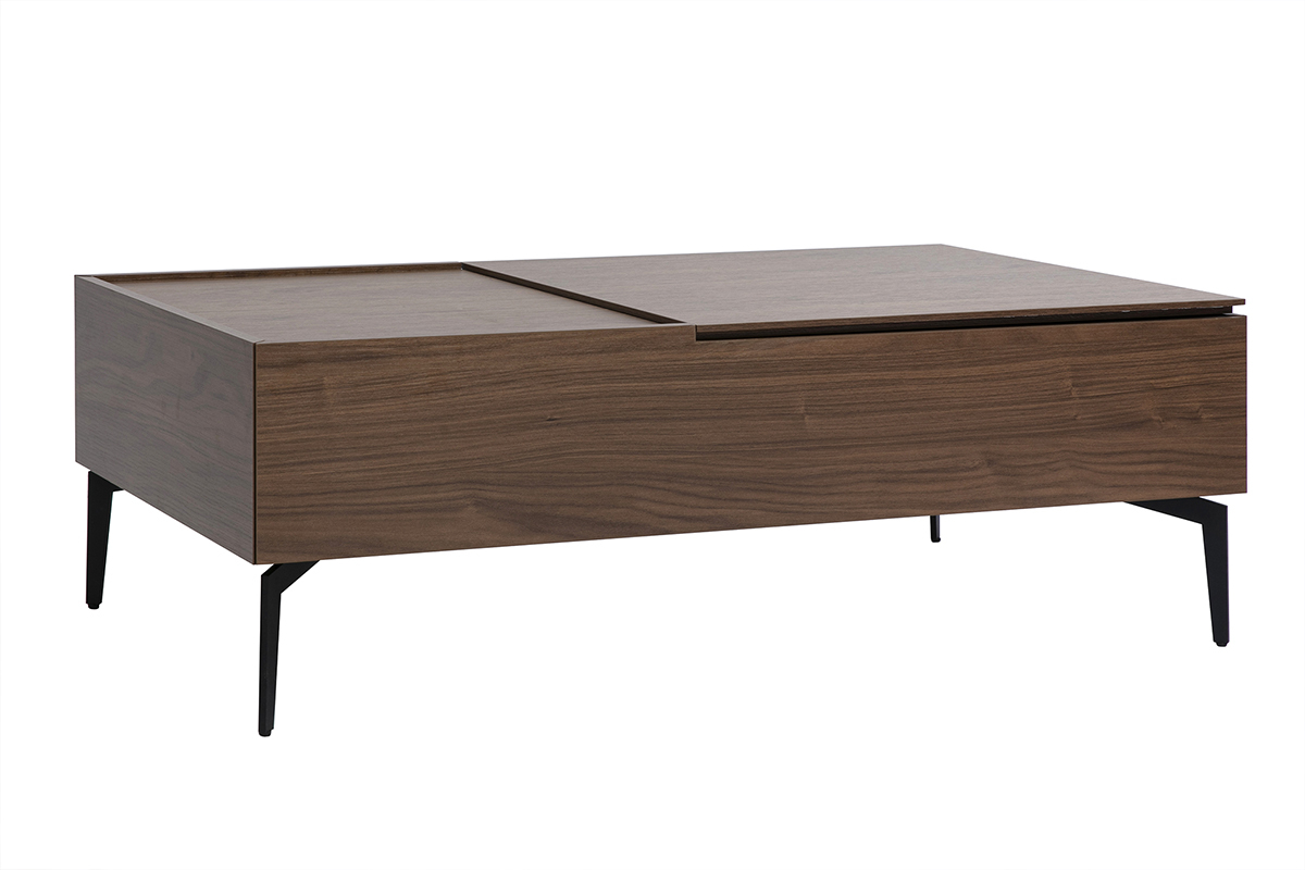 Table basse rectangulaire en bois fonc� avec pied en m�tal noir, vue de 3/4.