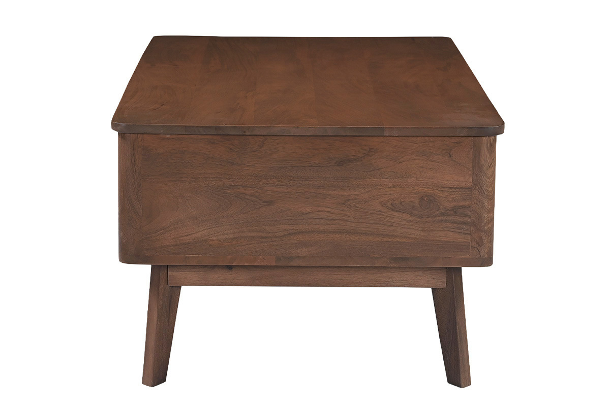 Table basse relevable rectangulaire en bois fonc� manguier massif, vue de profil.