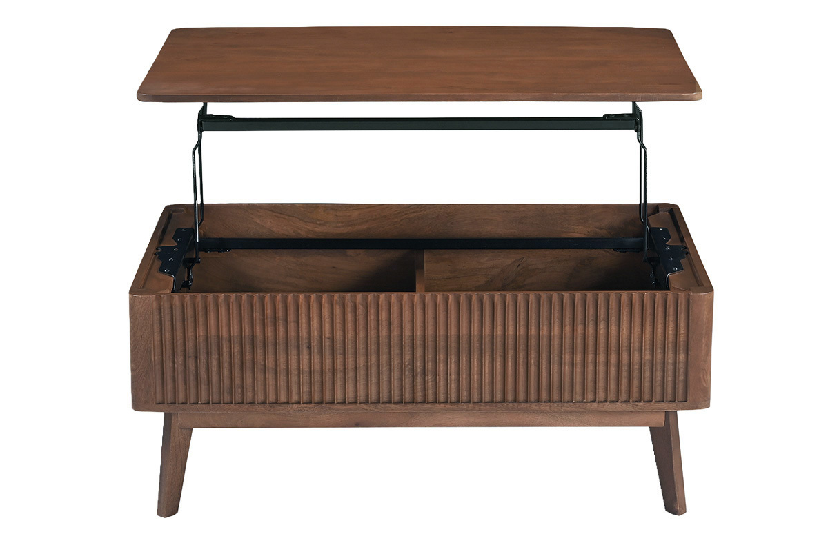 Table basse relevable rectangulaire en bois massif manguier, vue de face avec le plateau ouvert.