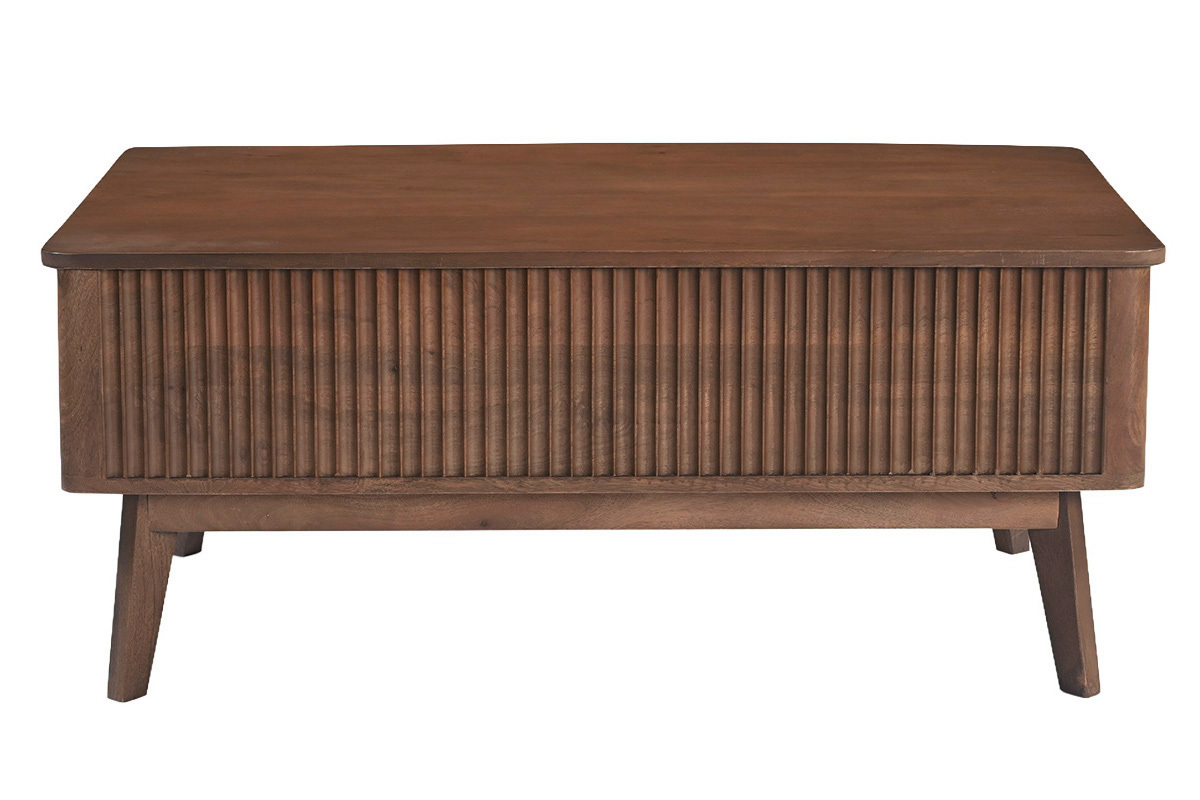 Table basse rectangulaire relevable en bois fonc� avec design en relief, vue de face