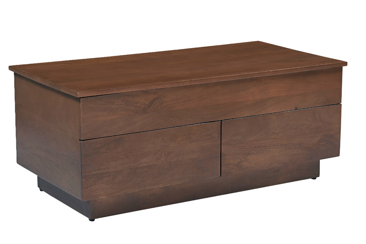 Table basse relevable rectangulaire en bois fonc� manguier massif, vue de trois quarts sur le c�t�