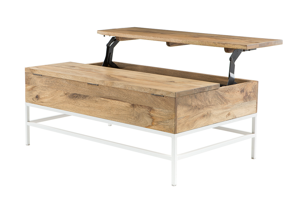 Table basse relevable rectangulaire en bois manguier et m�tal blanc, vue de trois-quarts avec le plateau relev�.