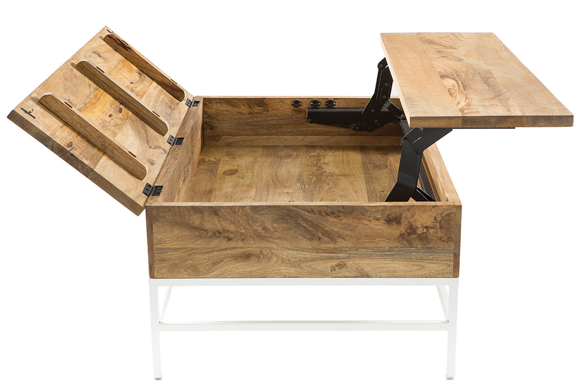 Table basse relevable rectangulaire en bois manguier massif avec pi�tement en m�tal blanc, vue de profil