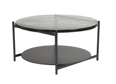 Table basse ronde avec double plateau en verre recycl&eacute; et m&eacute;tal noir D85 cm WELLE