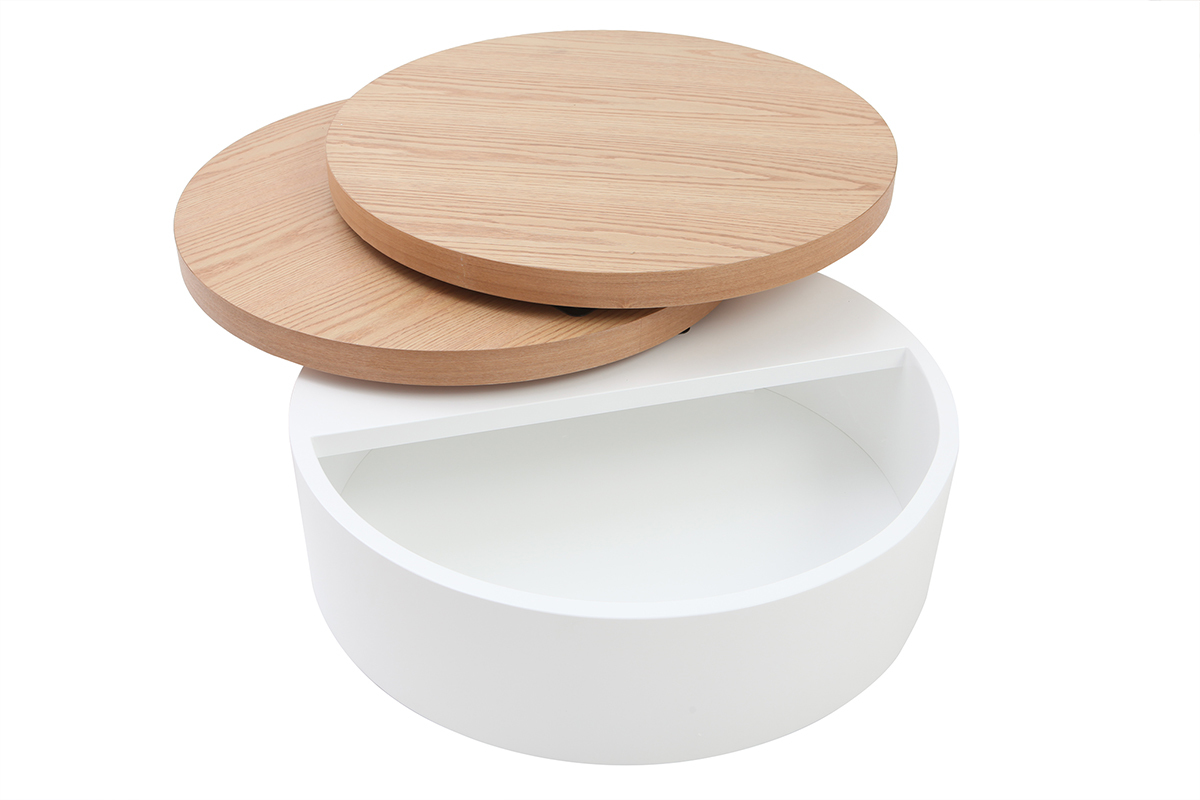 Table basse ronde avec plateaux pivotants et rangement blanc et bois clair ch�ne D80 cm ICON