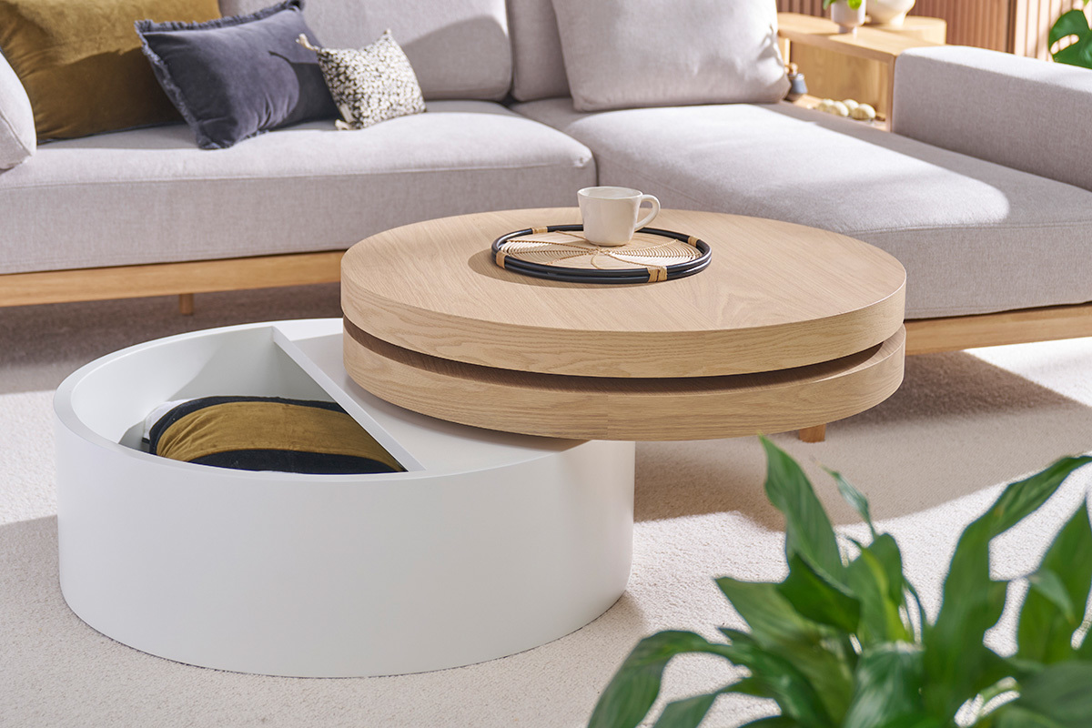 Table basse ronde avec plateaux pivotants et rangement blanc et bois clair ch�ne D80 cm ICON
