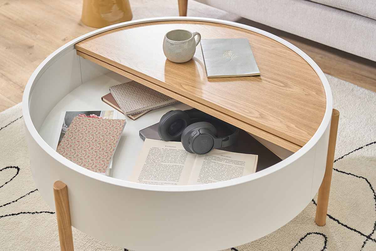 Table basse ronde blanche et bois clair fr�ne avec plateau pivotant et rangement D80 cm YOLINE