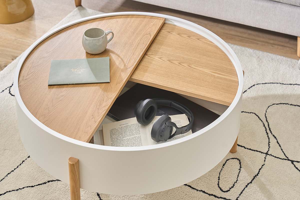 Table basse ronde blanche et bois clair fr�ne avec plateau pivotant et rangement D80 cm YOLINE