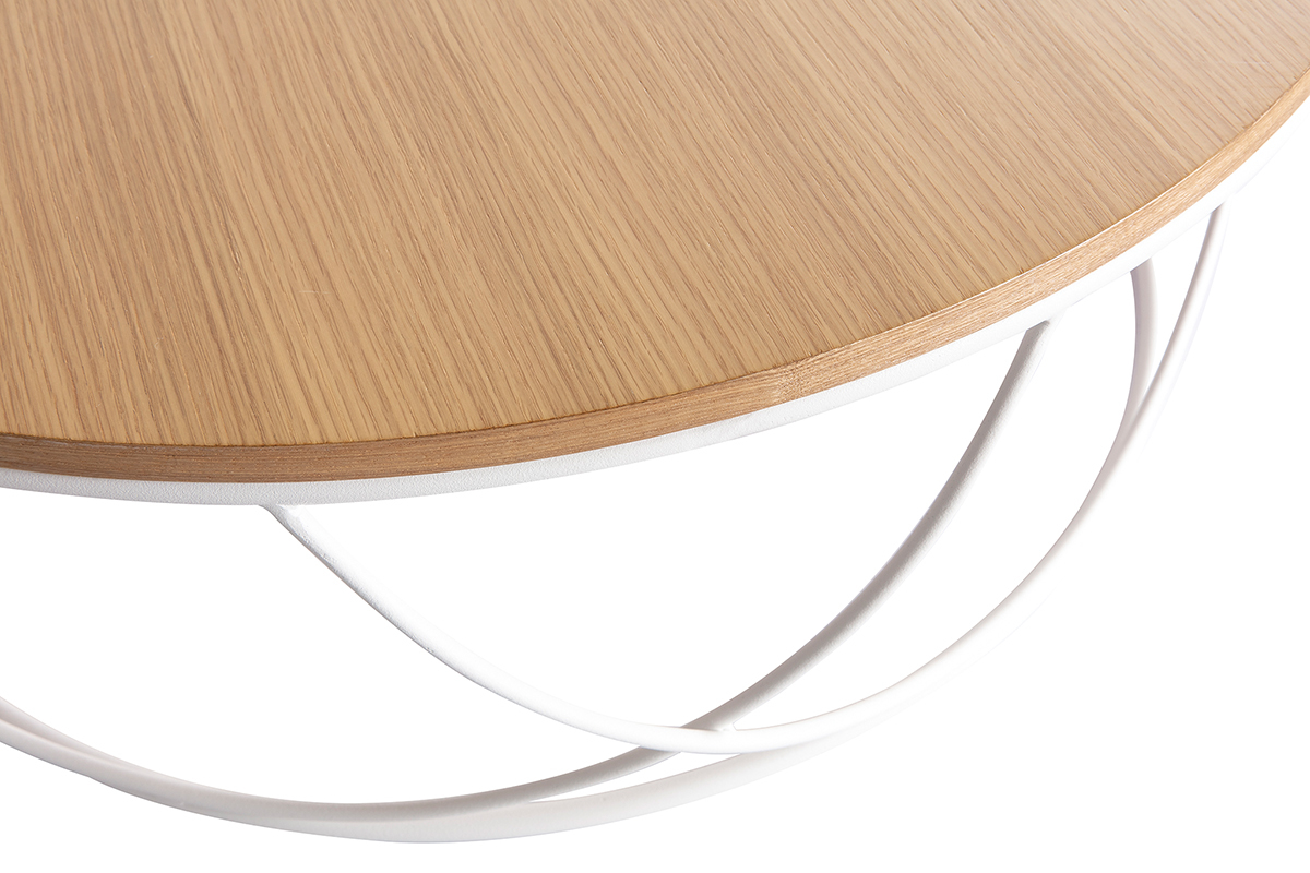 Table basse ronde bois clair ch�ne et m�tal blanc D80 cm LACE