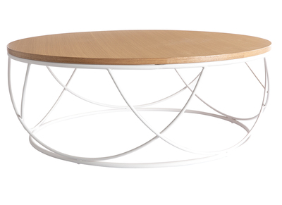 Table basse ronde bois clair ch&ecirc;ne et m&eacute;tal blanc D80 cm LACE