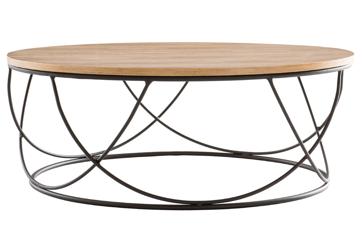 Table basse ronde bois clair ch�ne et m�tal noir D80 cm LACE