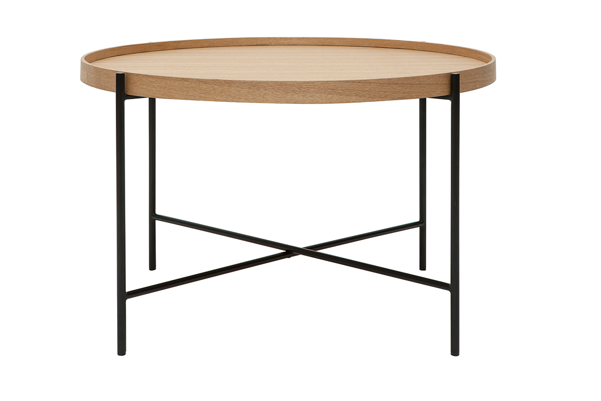 Table basse ronde en bois clair et m�tal noir, vue de face.
