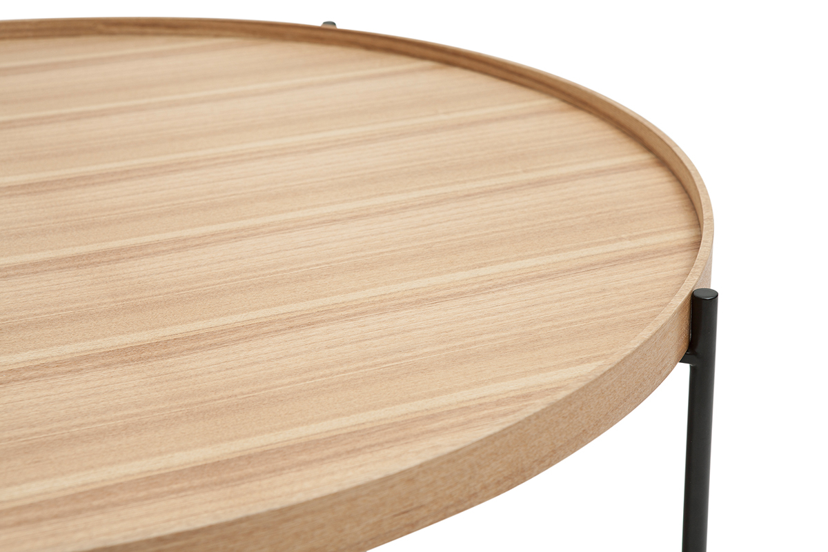 Table basse ronde bois clair et m�tal noir D90 cm BASSY