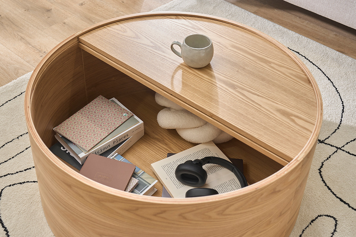 Table basse ronde bois clair fr�ne avec plateau pivotant et rangement D80 cm DALI
