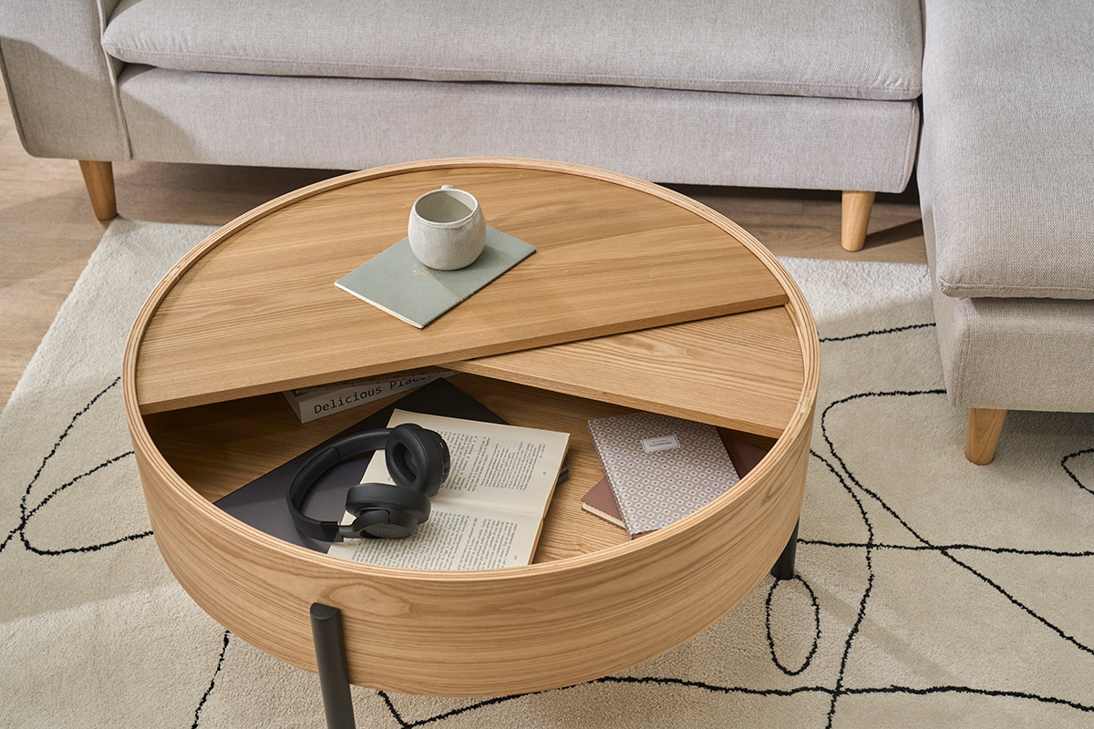Table basse ronde bois clair fr�ne et m�tal noir avec plateau pivotant et rangement D80 cm YOLINE