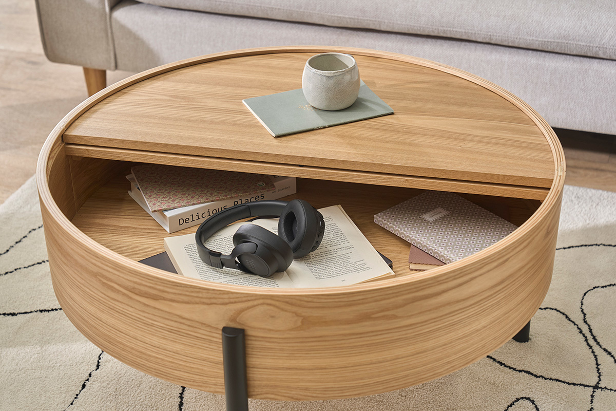 Table basse ronde bois clair fr�ne et m�tal noir avec plateau pivotant et rangement D80 cm YOLINE