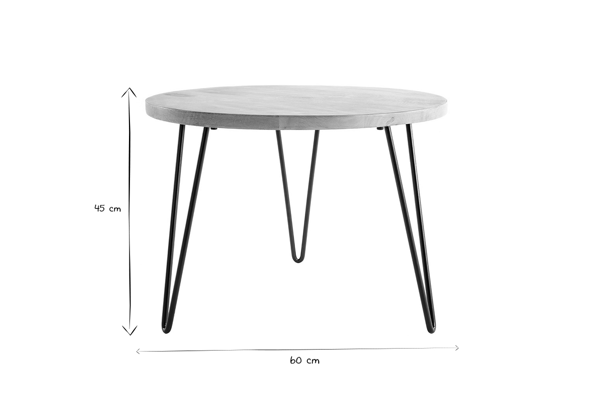 Dimensions de la table basse ronde VIBES, diam�tre 60 cm, hauteur 45 cm, en noir et blanc.