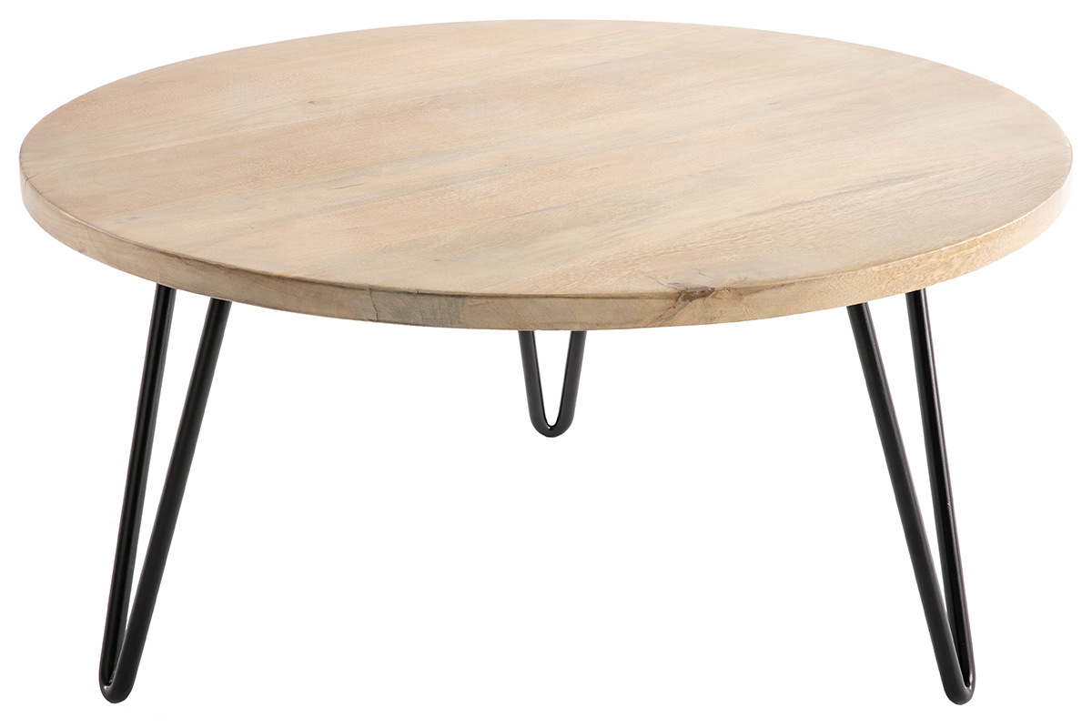Table basse ronde bois manguier massif et m�tal noir D80 cm VIBES