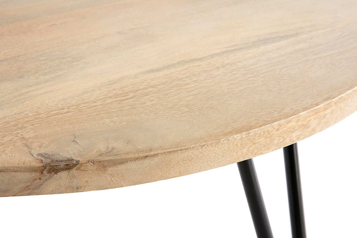 Table basse ronde bois manguier massif et m�tal noir D80 cm VIBES