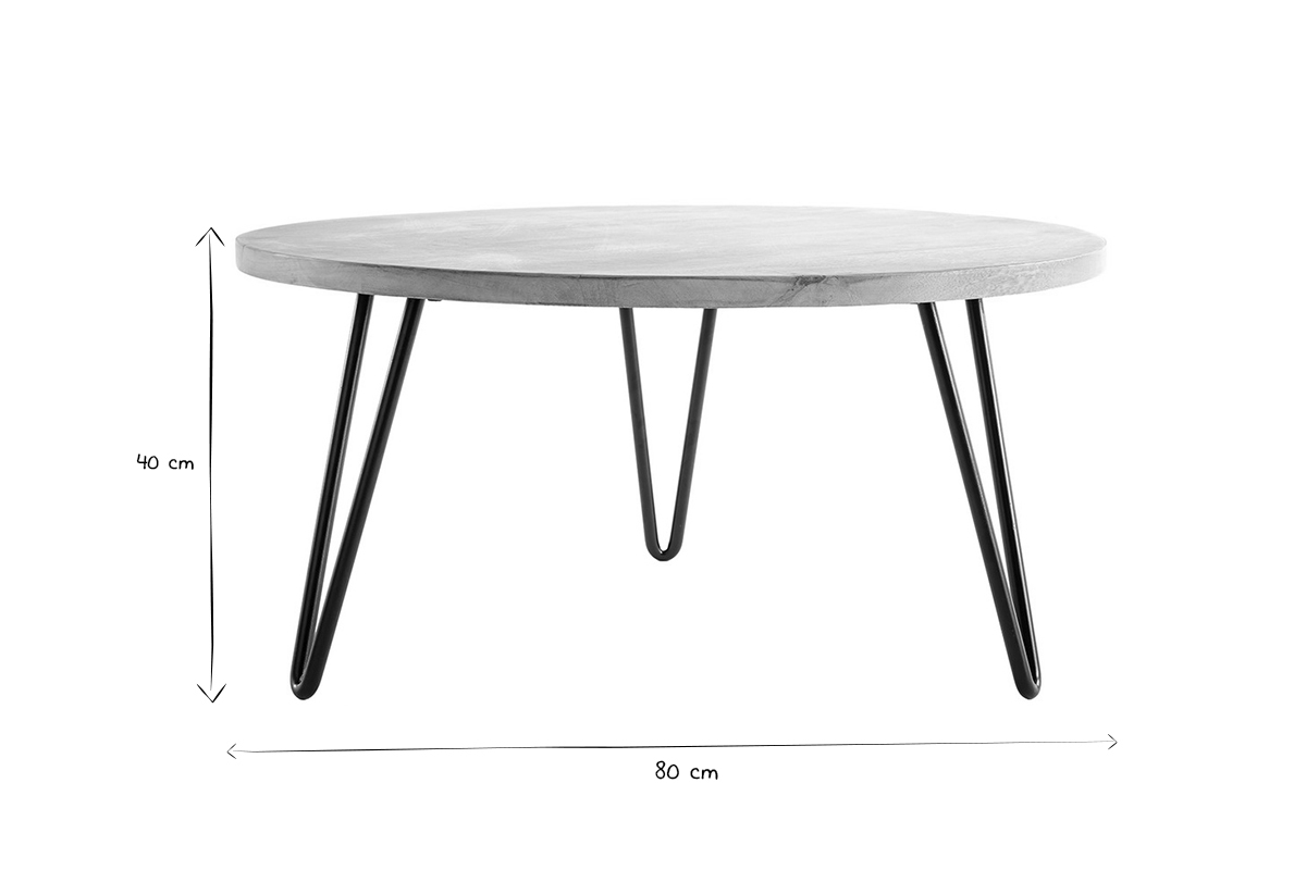 Table basse ronde bois manguier massif et m�tal noir D80 cm VIBES