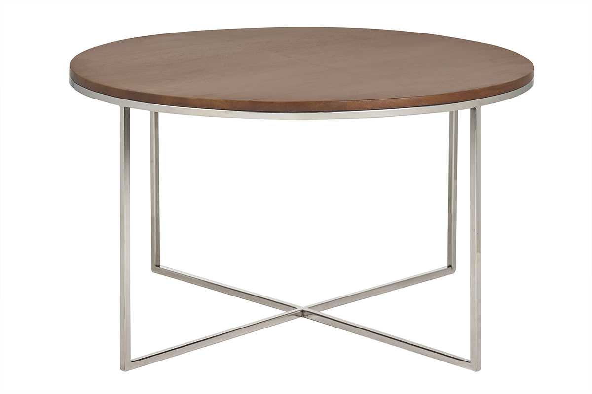 Table basse ronde en manguier massif teint�, pi�tement en m�tal chrom�, vue de face.